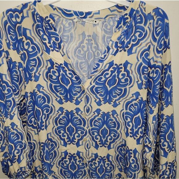 Zara printed midi dress Blue Cream Balloon Sleeves Small - Picture 4 of 6